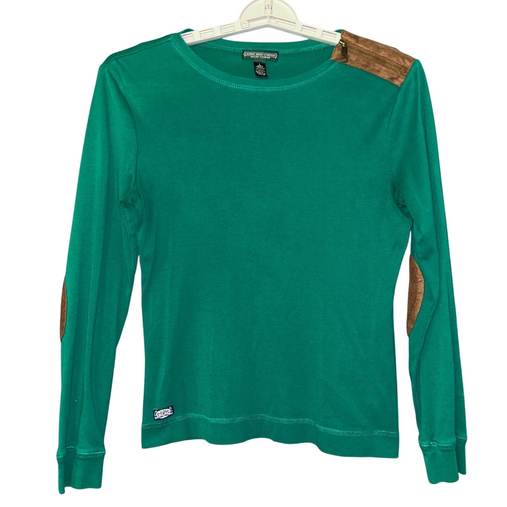 Lauren Ralph Lauren Long Sleeve Top Women L Equestrian Preppy Green Elbow Patch